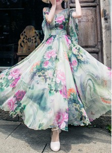 Designer Trendy Short Sleeve Floral Printed  faux georgette Maxi Dress