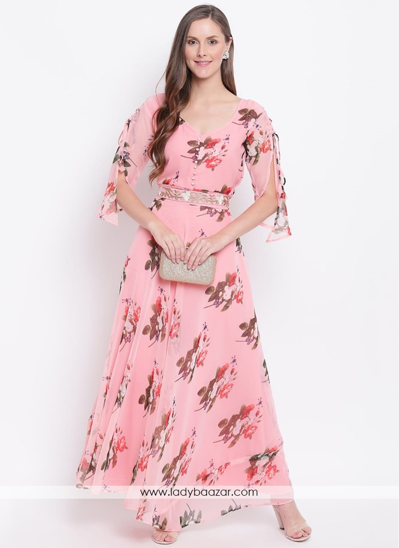 Trendy Short Sleeve Floral Printed Faux Georgette Maxi Dress