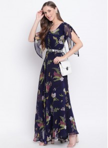 Trendy Short Sleeve Floral Printed Faux Georgette Maxi Dress