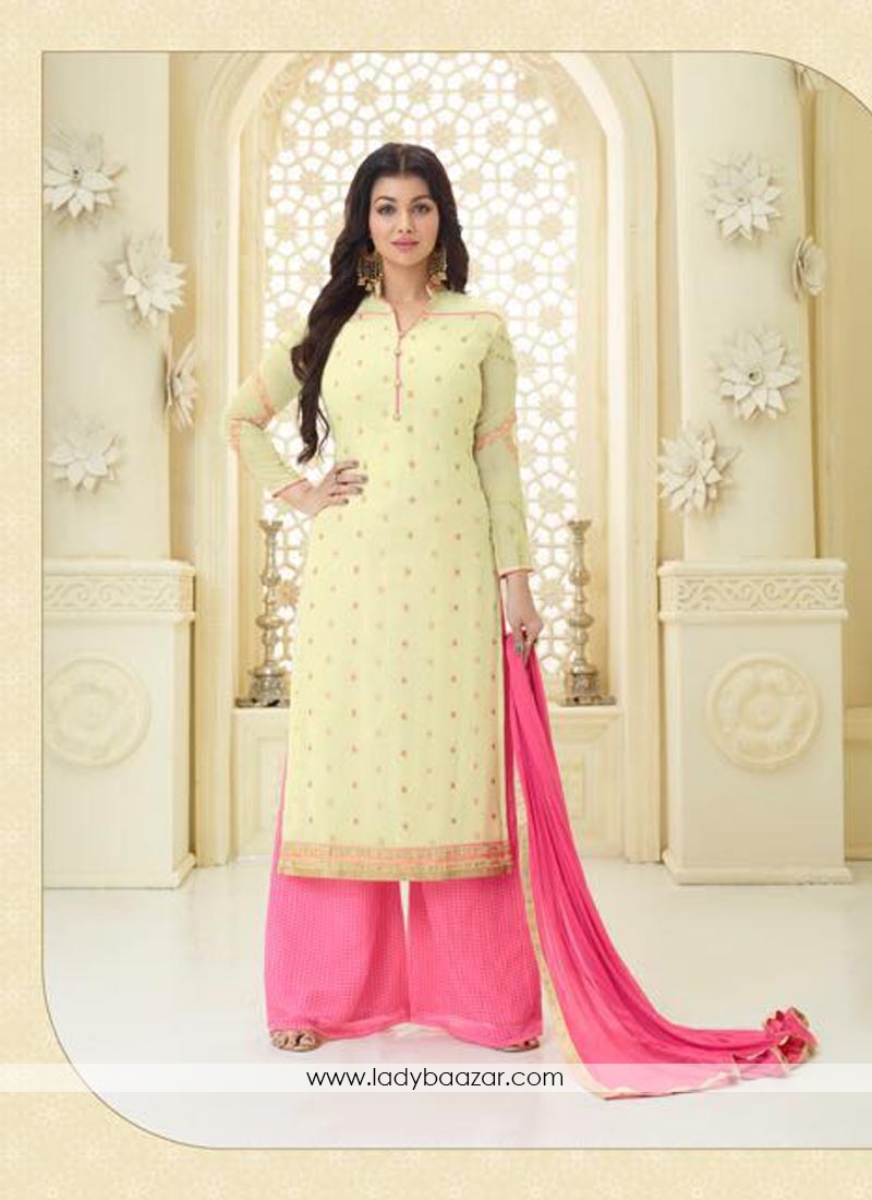 Trendy Yellow Embroidery  Work Faux Georgette Palazzo Salwar Suit