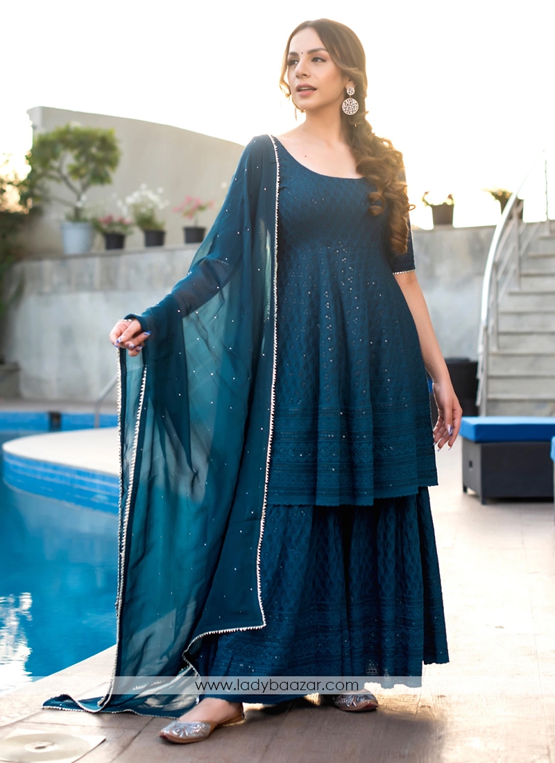 Turquish Blue Cotton Sharara With Lucknowi Chikankari Embroidery Work