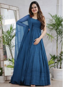 Turquish Blue Lucknowi Embroidery Work Rayon  Anarkali Gown