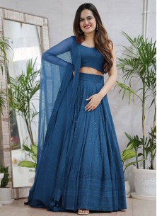 Turquish Blue Rayon Lucknowi Chikankari Work Stitched Lahenga Choli