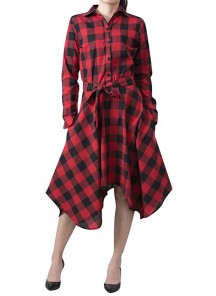 Twill Cotton  Red And Black Checks  Printed Knee Length Western Wear Patterned Tunics