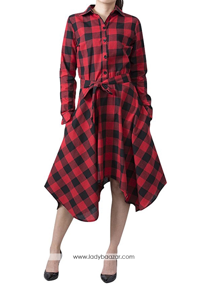 Twill Cotton  Red And Black Checks  Printed Knee Length Western Wear Patterned Tunics