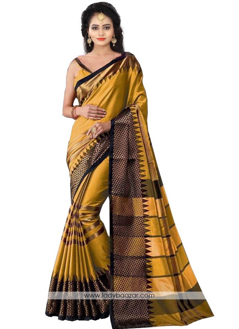 Unique Cotton Silk Mustard Color Printed Saree