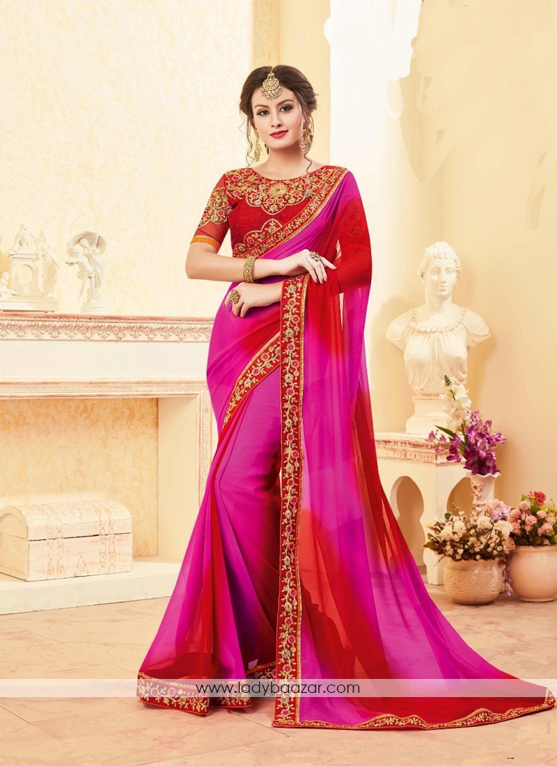 Unique Magenta Embroidery Work Georgette Classic Saree