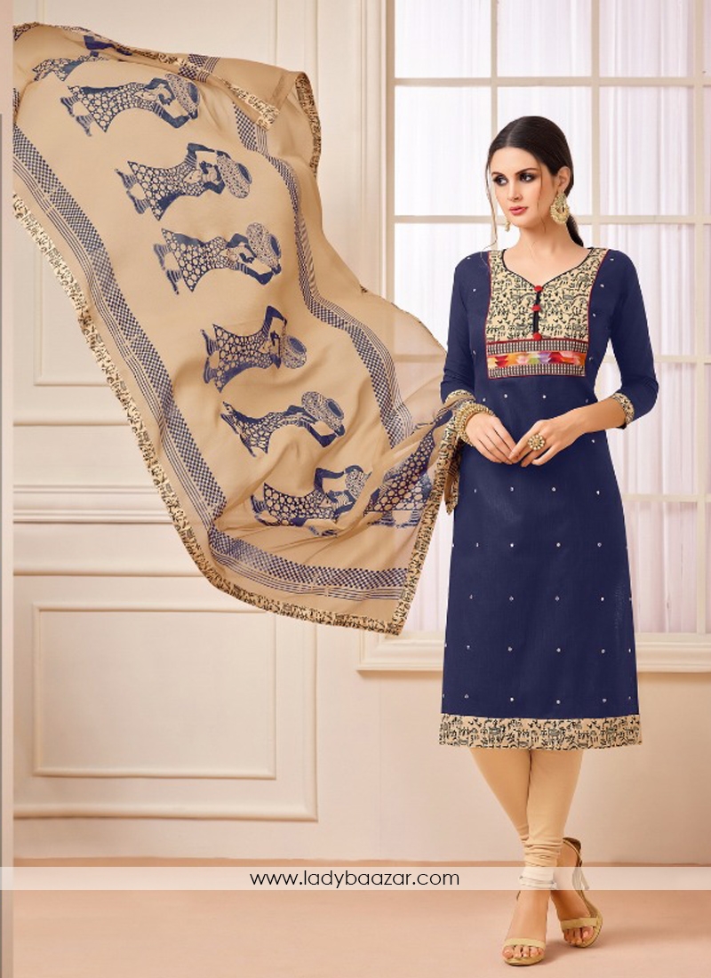 Versatile Navy Blue Cotton Embroidery Work Staight Suit