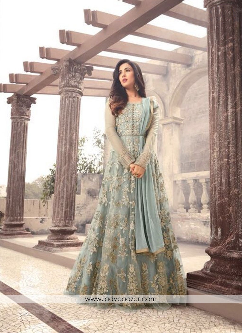 Vibrant Grey Embroidered With Stone Work Floor Length Anarkali Suit