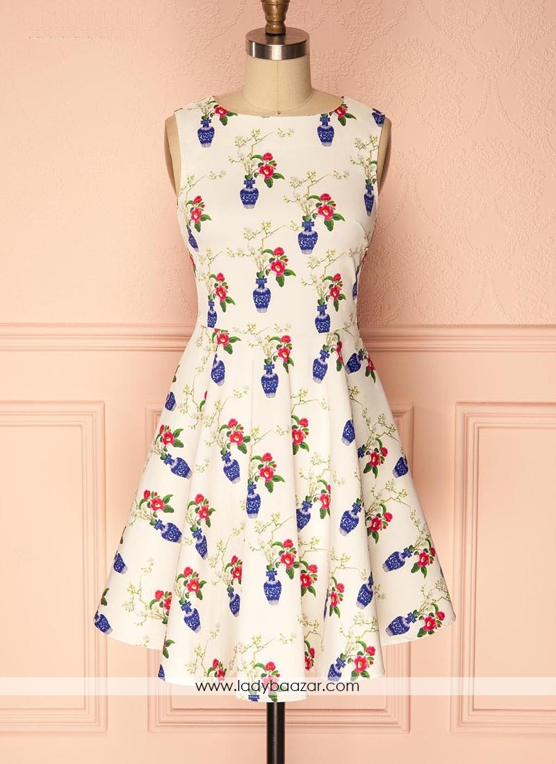 Vintage Floral A Line Crepe Sleeveless Cream  Dress