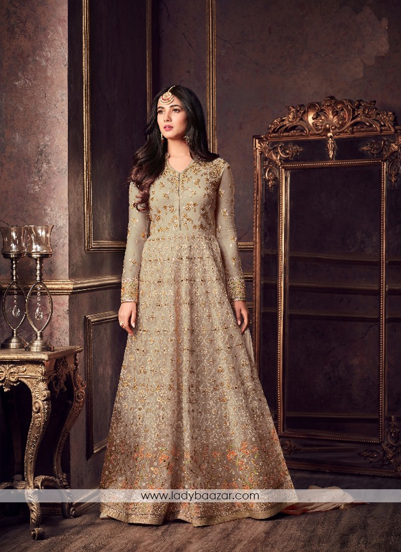 Vivacious Net Grey Embroidered With Stone Work Floor Length Anarkali Suit