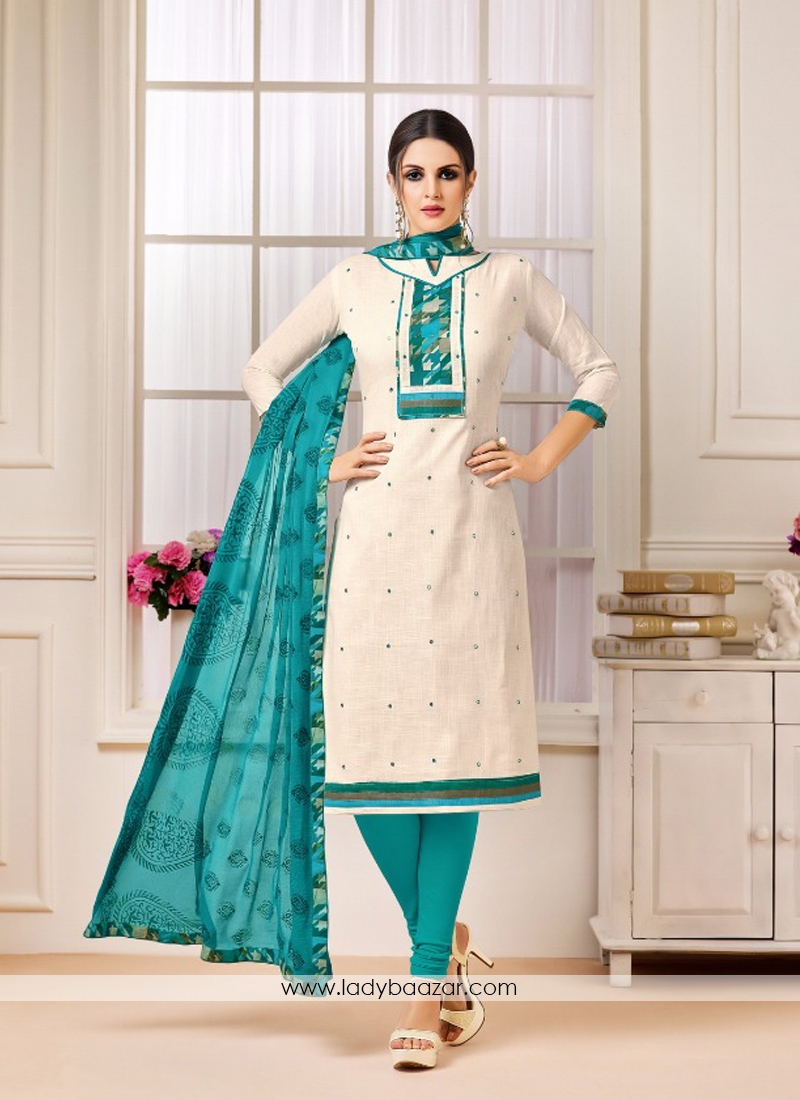 Vivacious Off White Cotton Embroidery Work Salwar Suit