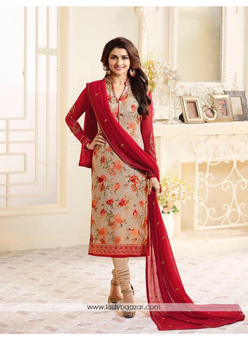 Vivid Red With Cream Cotton Embroidery With Printed Straight Dress