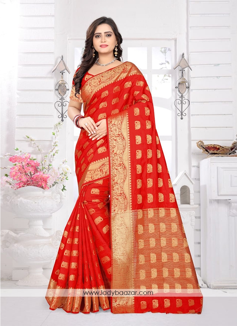 Weaving Banarasi Silk Traditional Designer Saree In Red