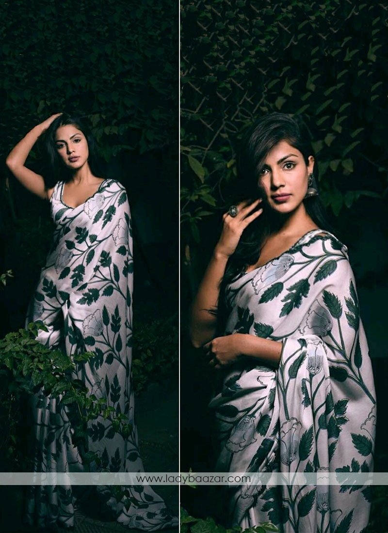 Wedding Saree Digital Print Satin Silk In Green And White