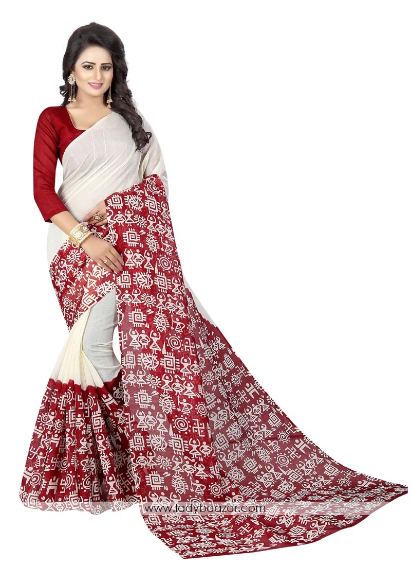 White N Red Color Bhagalpuri Silk Printed Saree