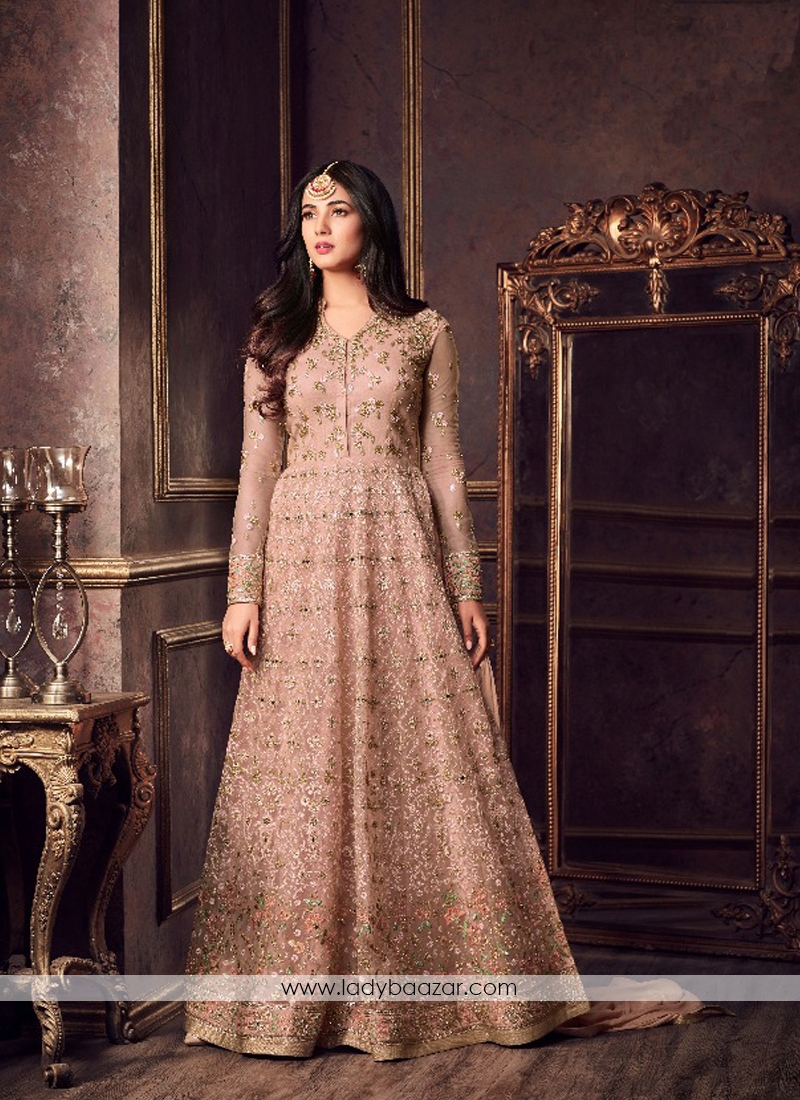 Wonderous Embroidered With Stone Work Peach Designer Suit