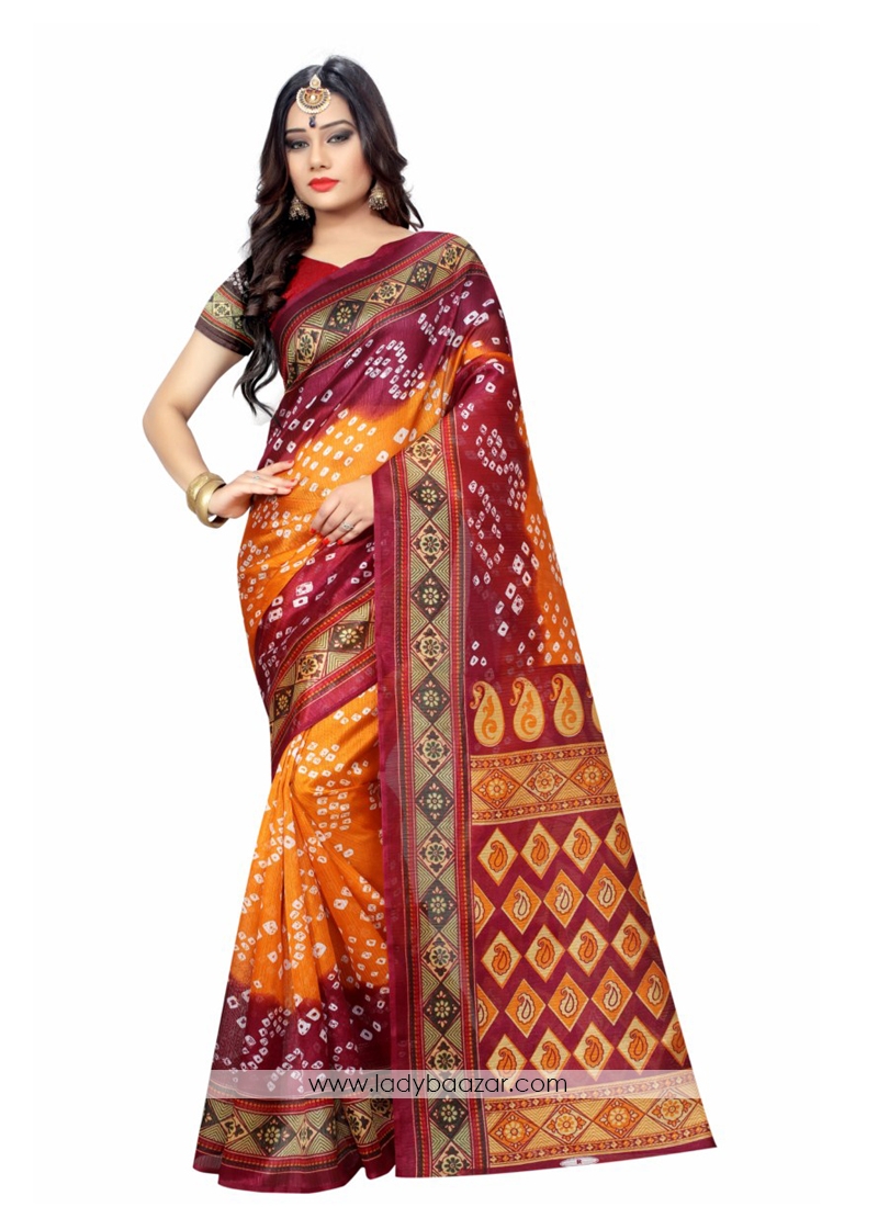 Woven Bhagalpuri Silk Casual Saree In Orange With Red Color