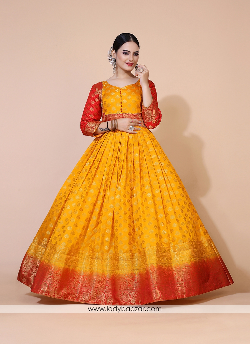 Yellow Ethnic Motifs Silk Blend Jacquard Long Gown