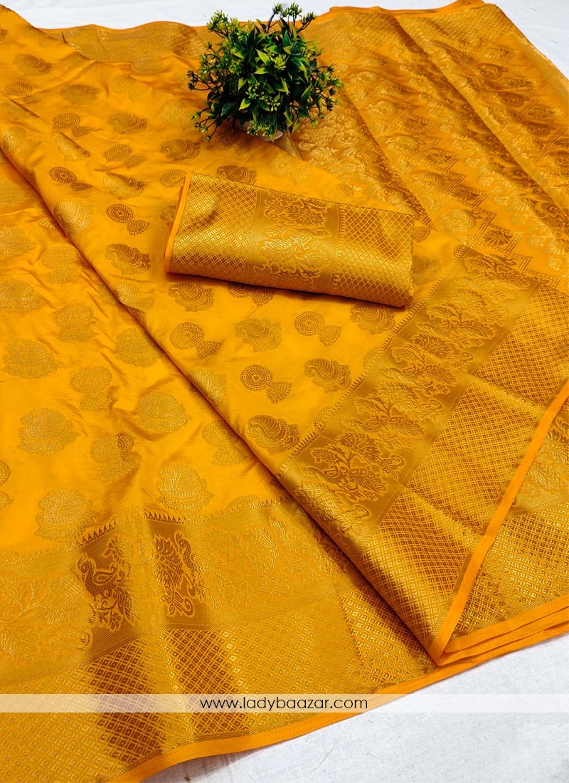 Yellow Festive Wear Woven  Silk Saree