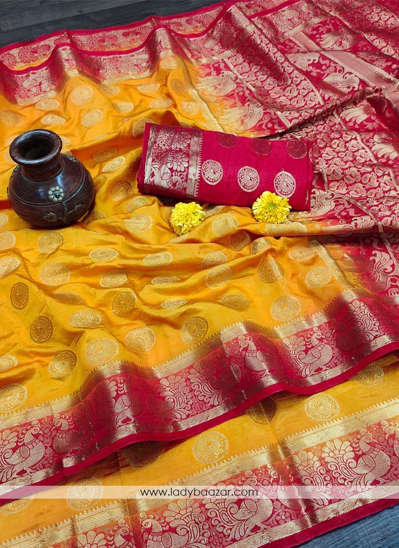 Yellow Festive Wear Woven Silk Saree