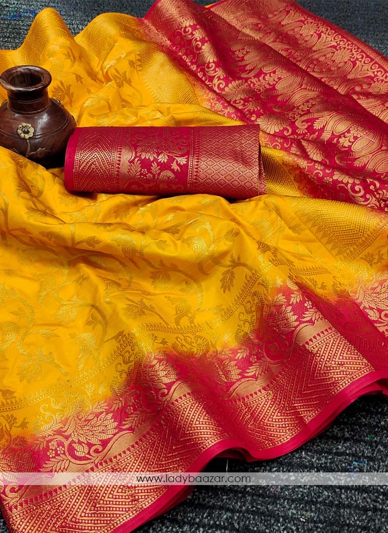 Yellow Festive Wear Woven Silk Saree