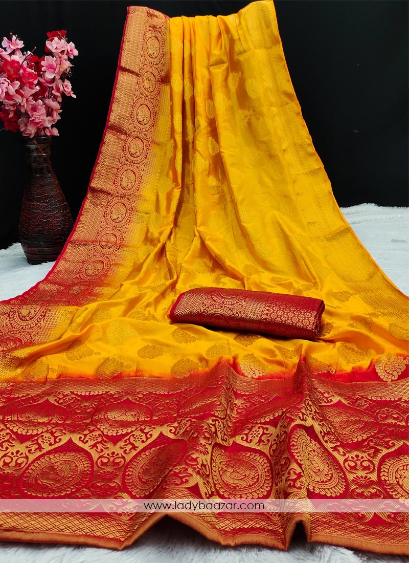 Yellow Festive Wear Woven Silk Saree