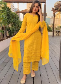 Yellow Lucknowi Chikankari Work Rayon Kurti Pant Set With Dupatta