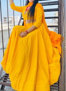 Yellow Stitched Designer Anarkali Lahenga In Rayon With Lucknowi Chikankari Work