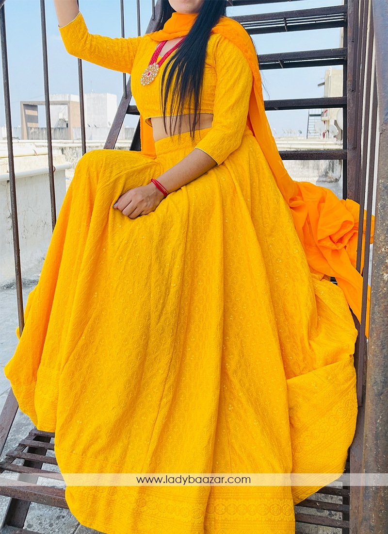 Yellow Stitched Designer Anarkali Lahenga In Rayon With Lucknowi Chikankari Work