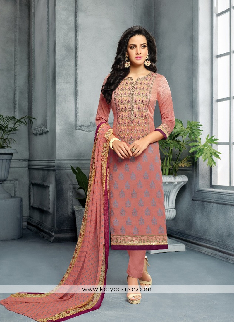 Zesty Brown Cotton  Embroidery With Printed Suit