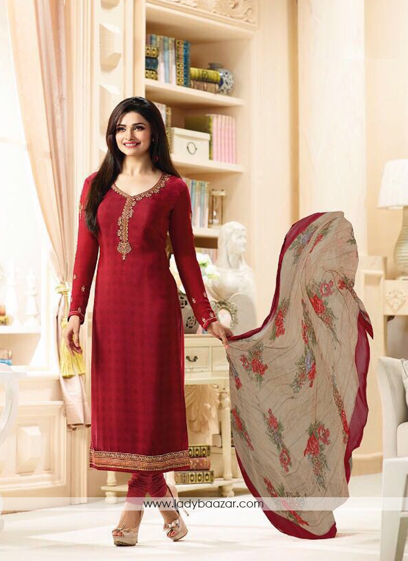 Zesty Red Crepe Embroidery Work Salwar kameez